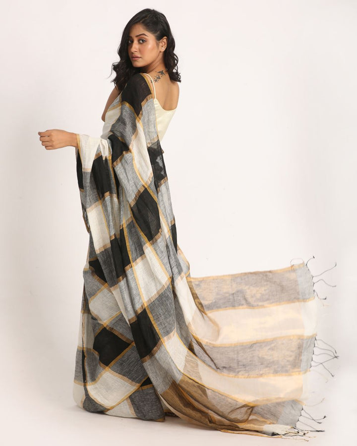 Black and white checks handwoven linen saree