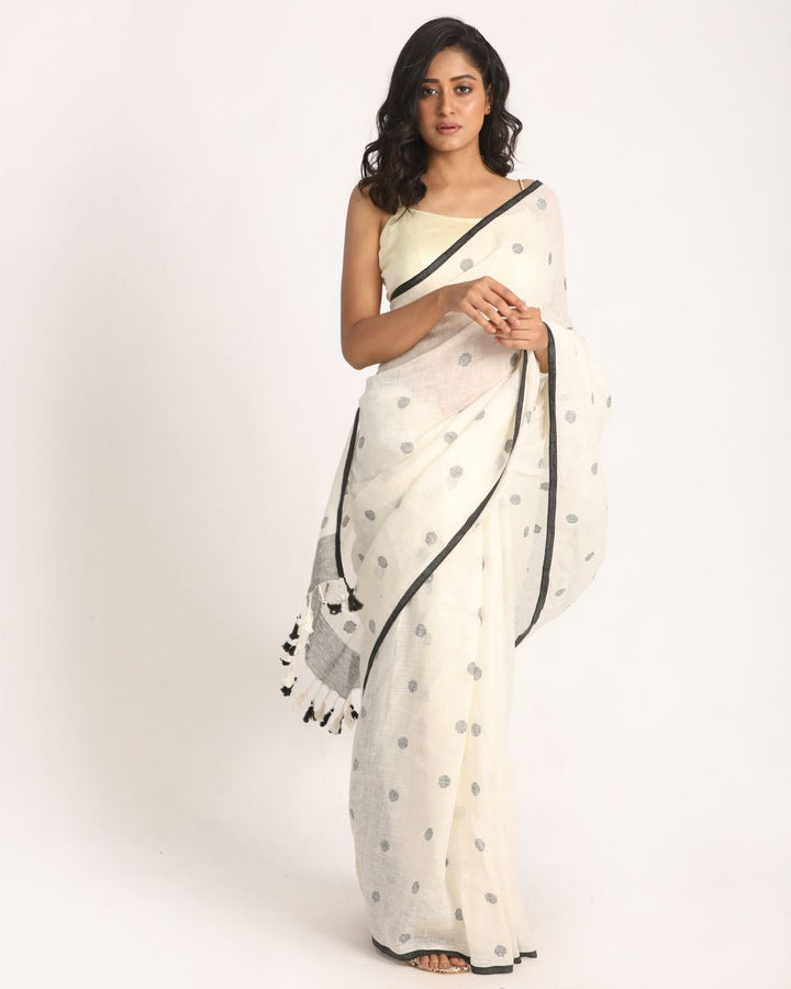 White handloom linen jamdani saree