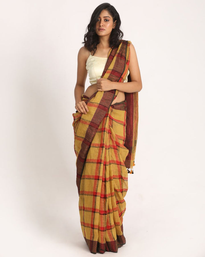 Red brown checks handwoven linen saree
