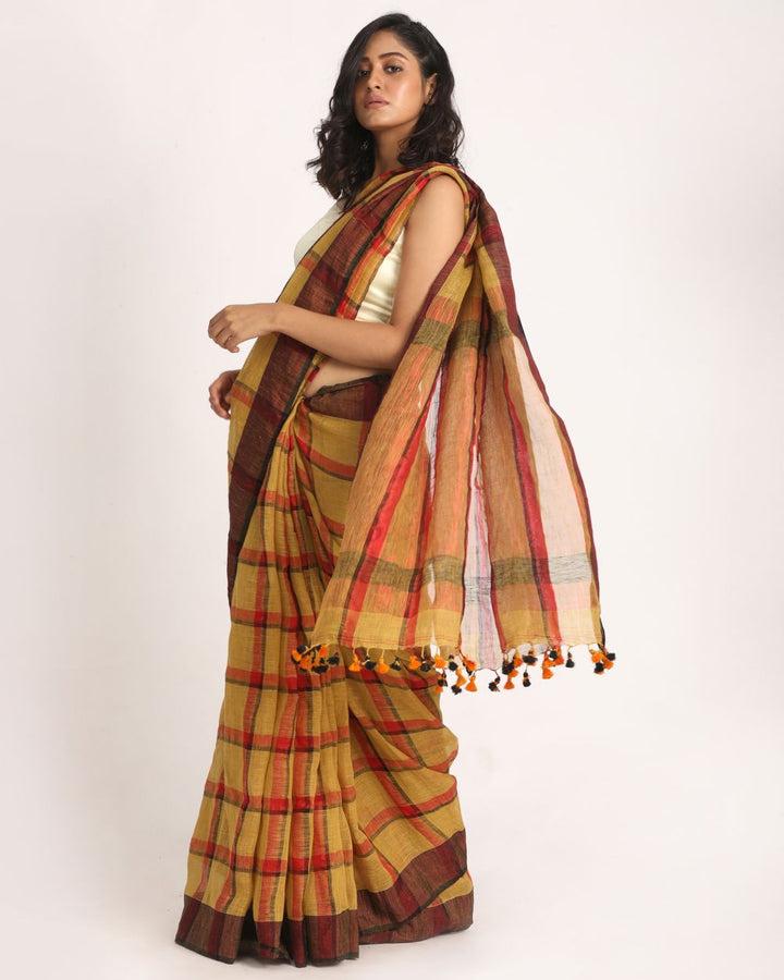 Red brown checks handwoven linen saree