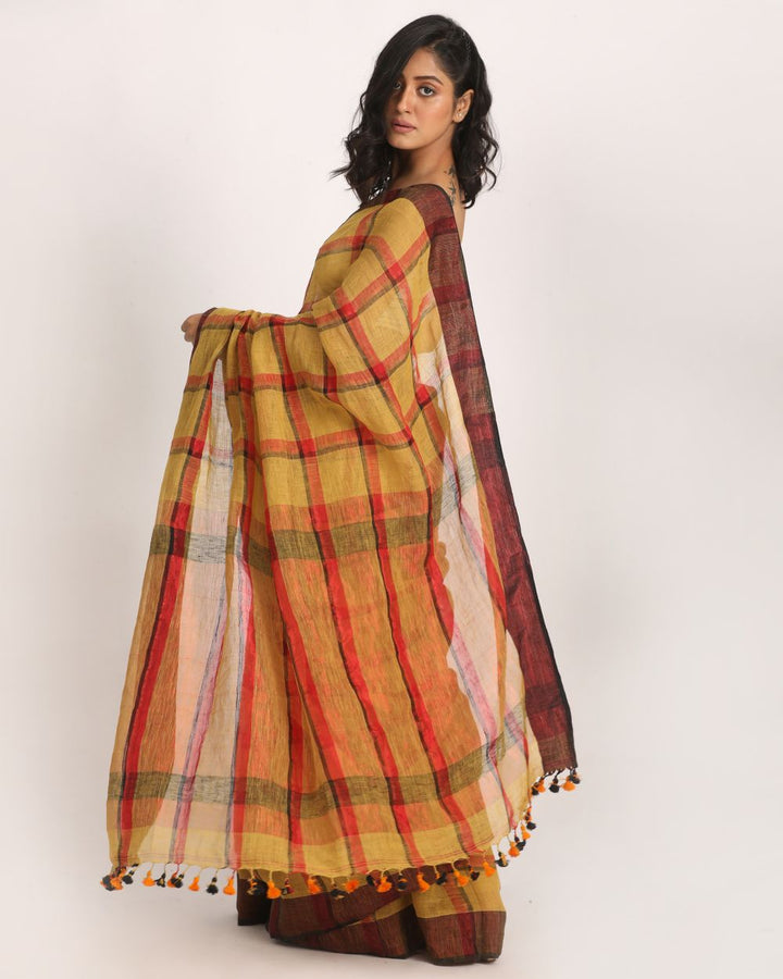 Red brown checks handwoven linen saree