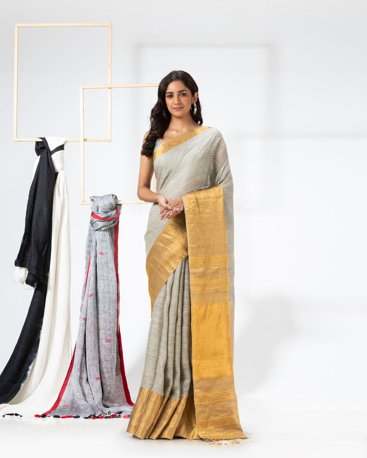 Light sage green handwoven textured linen bengal saree