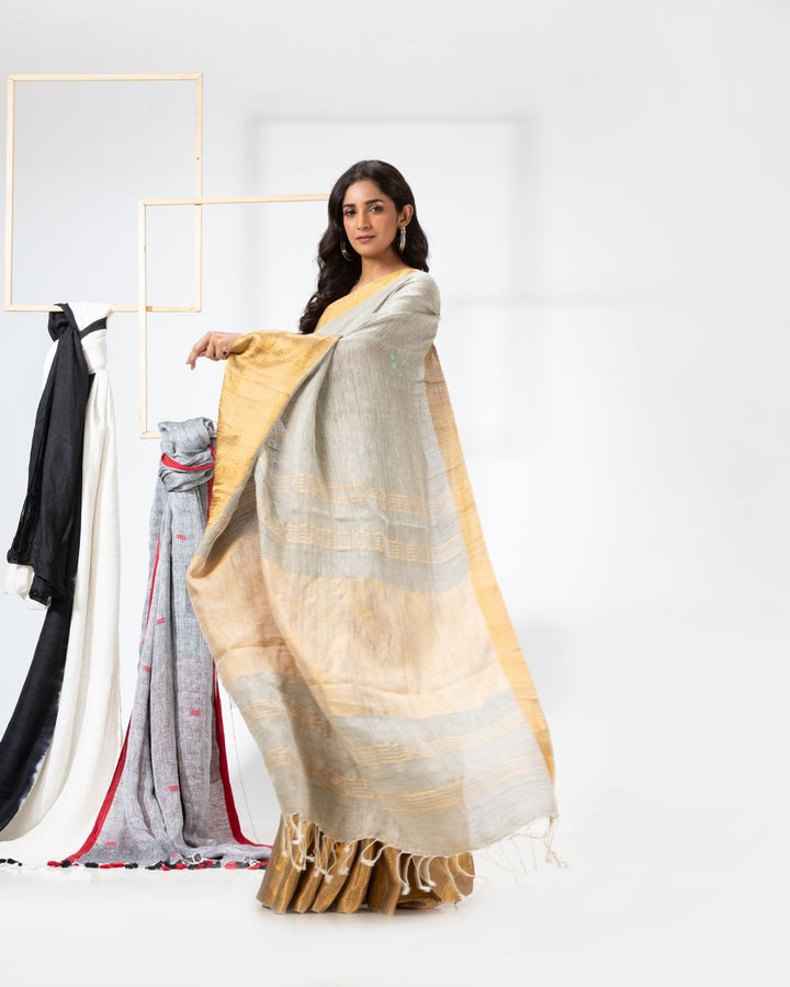 Light sage green handwoven textured linen bengal saree