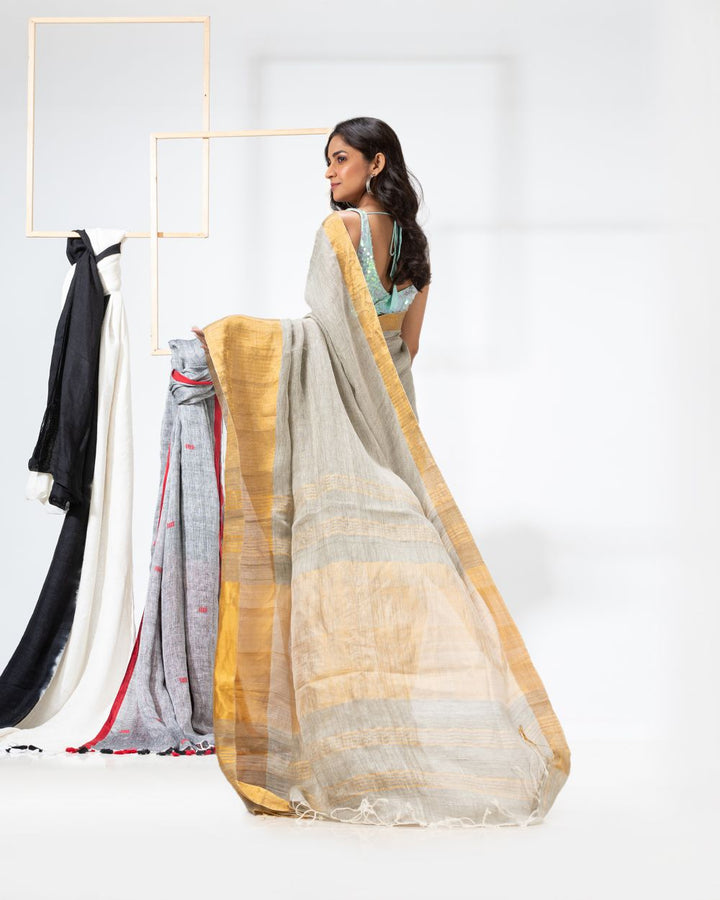 Light sage green handwoven textured linen bengal saree