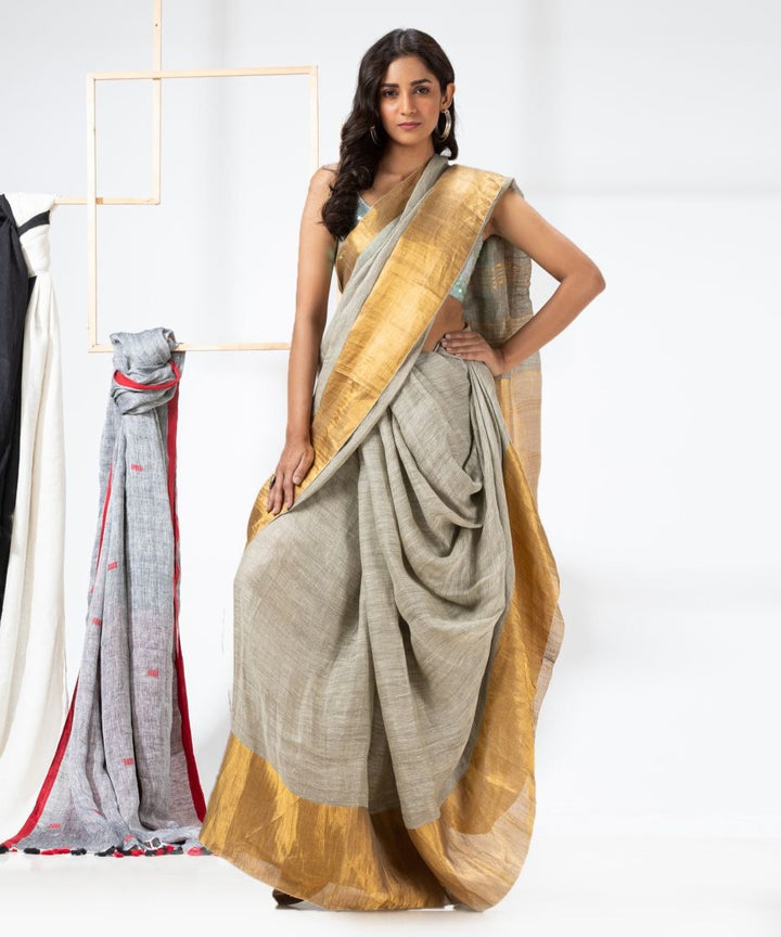 Light sage green handwoven textured linen bengal saree