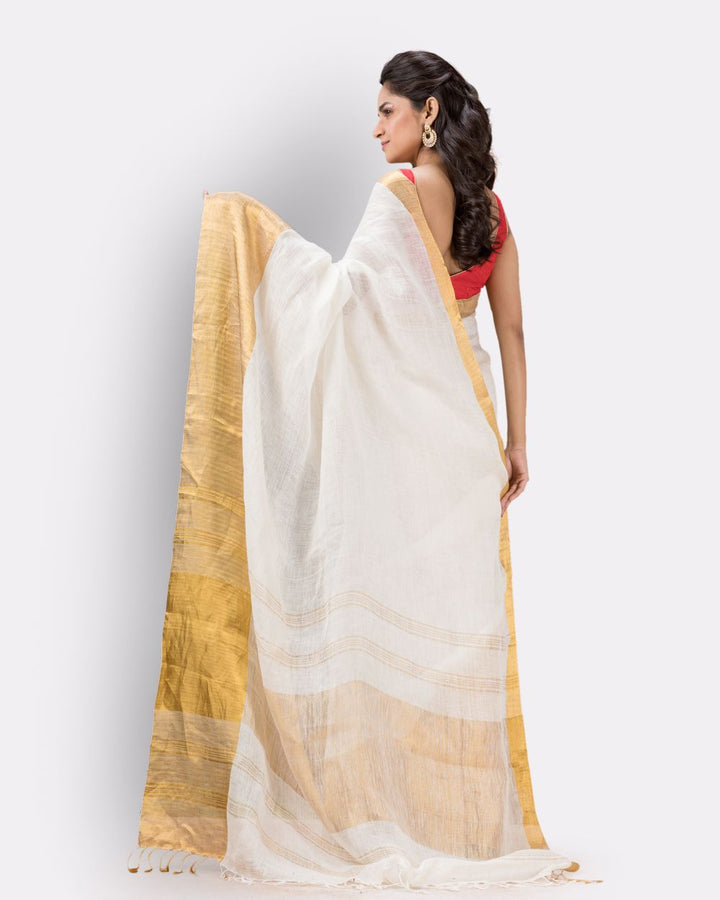 White golden handwoven textured linen bengal saree