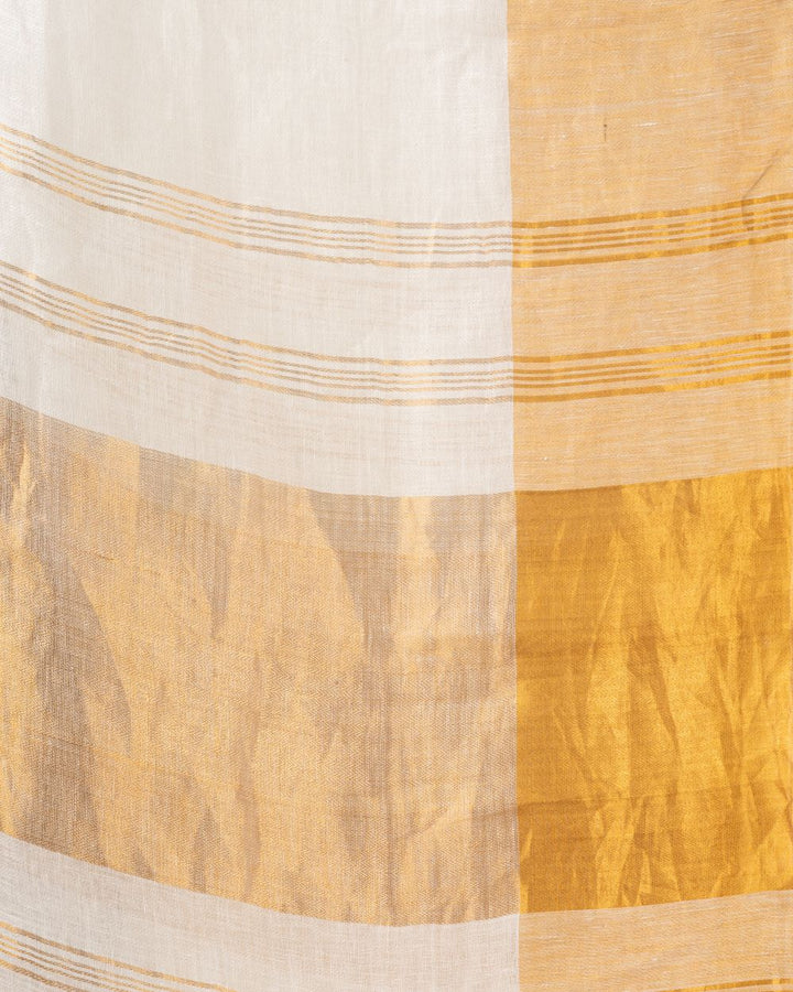 White golden handwoven textured linen bengal saree