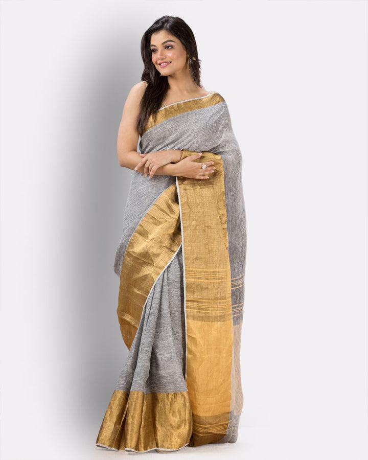 Grey golden handwoven textured linen bengal saree