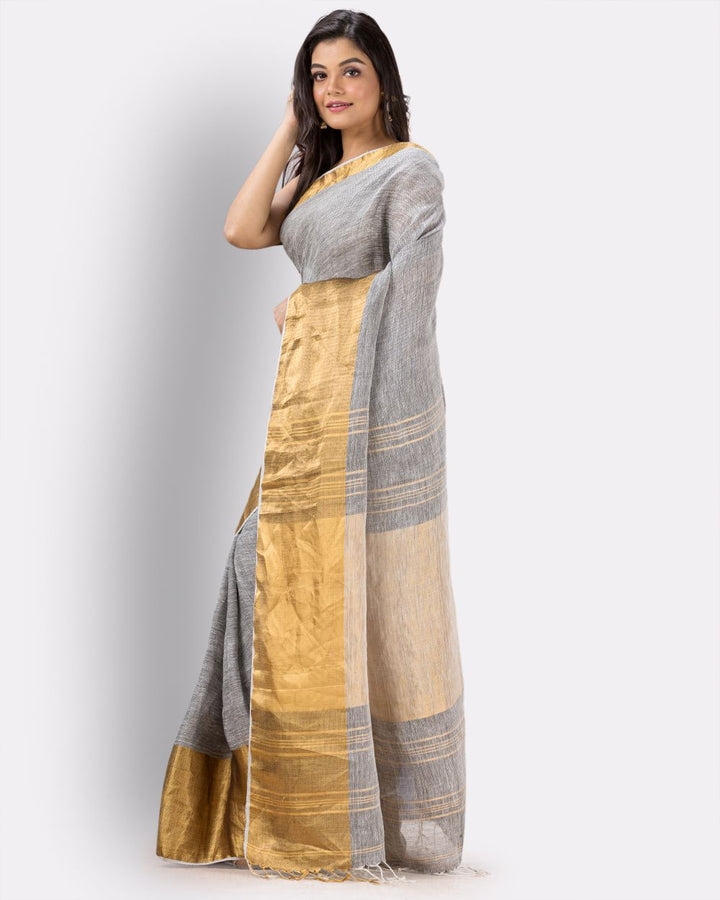 Grey golden handwoven textured linen bengal saree