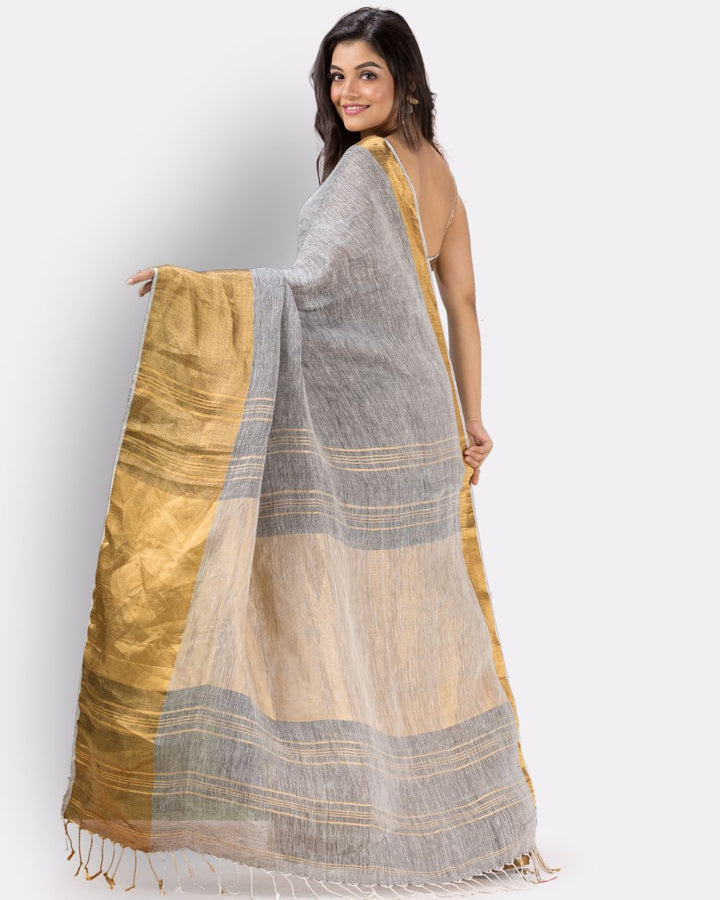 Grey golden handwoven textured linen bengal saree