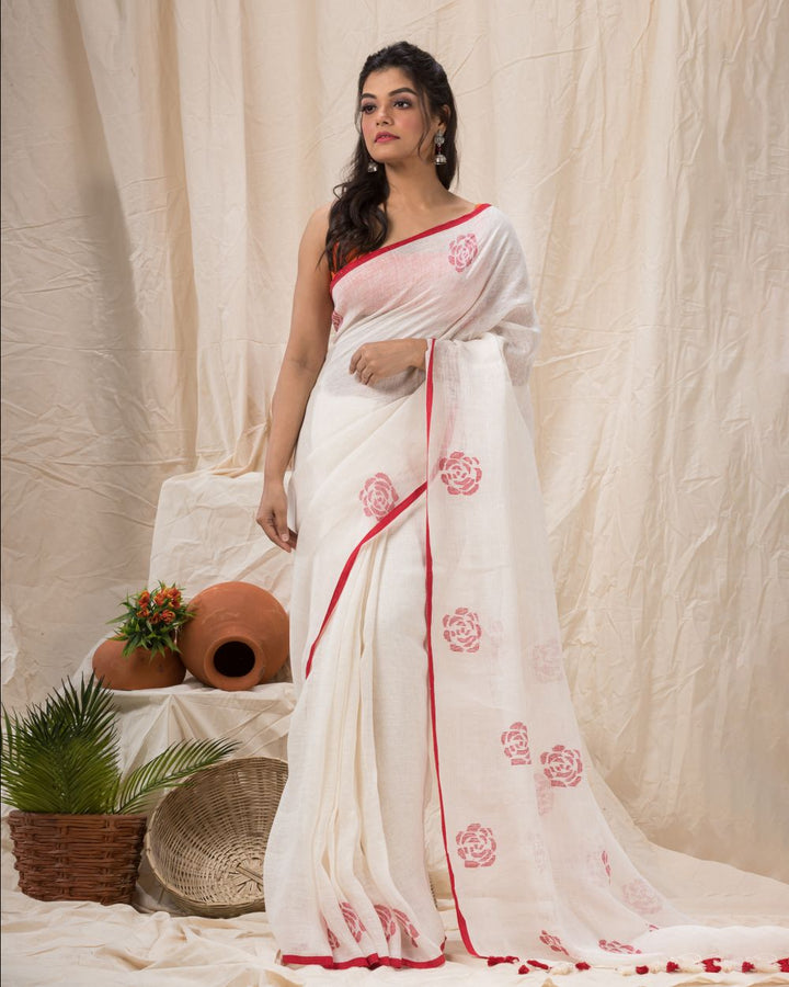 White red handloom linen jamdani saree