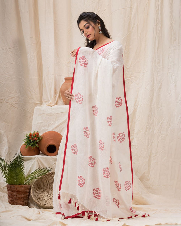 White red handloom linen jamdani saree