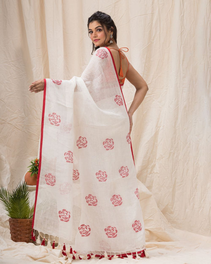 White red handloom linen jamdani saree