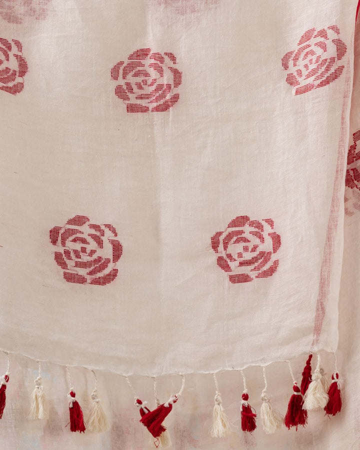 White red handloom linen jamdani saree