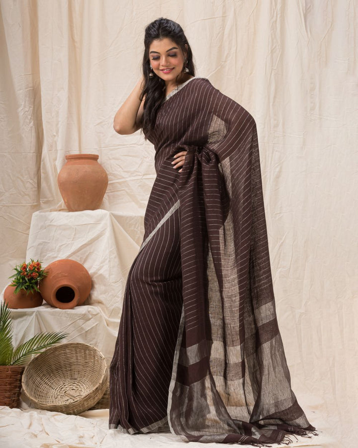 Dark brown stripes handwoven linen bengal saree