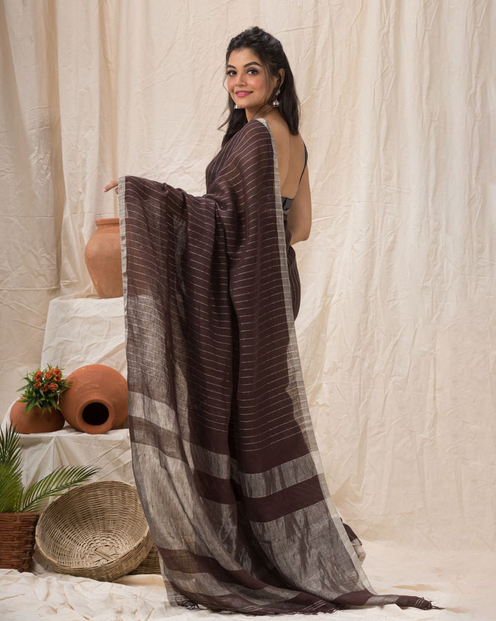 Dark brown stripes handwoven linen bengal saree