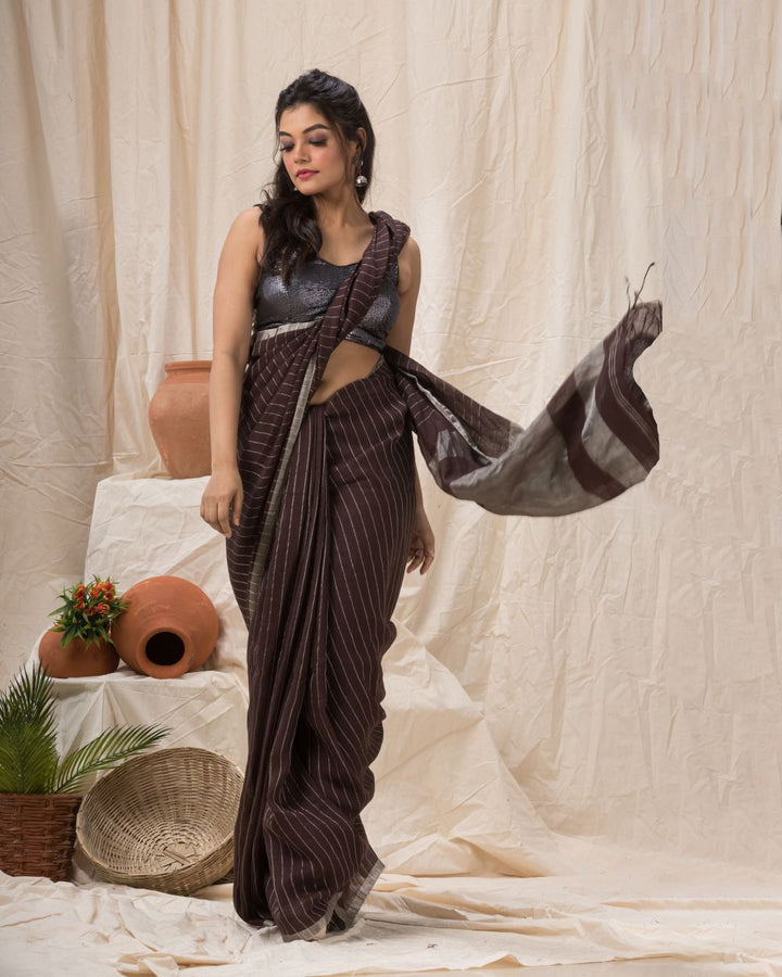 Dark brown stripes handwoven linen bengal saree