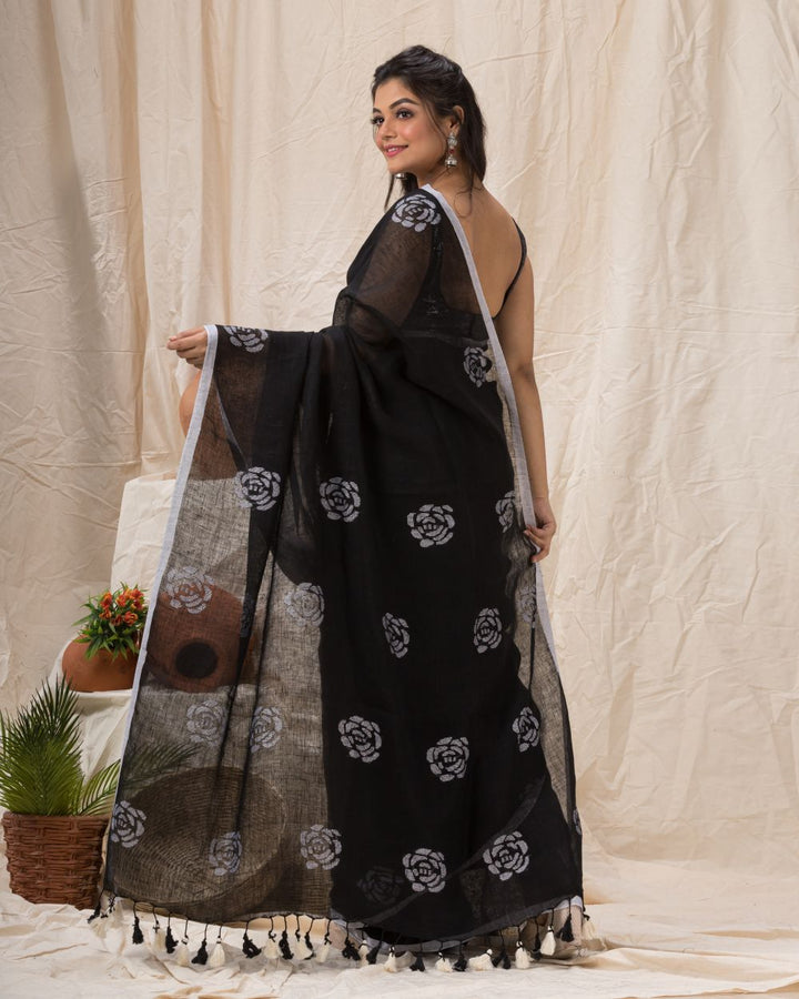 Black white handloom linen jamdani saree