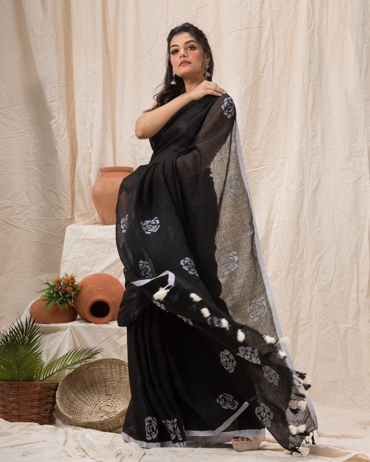 Black white handloom linen jamdani saree