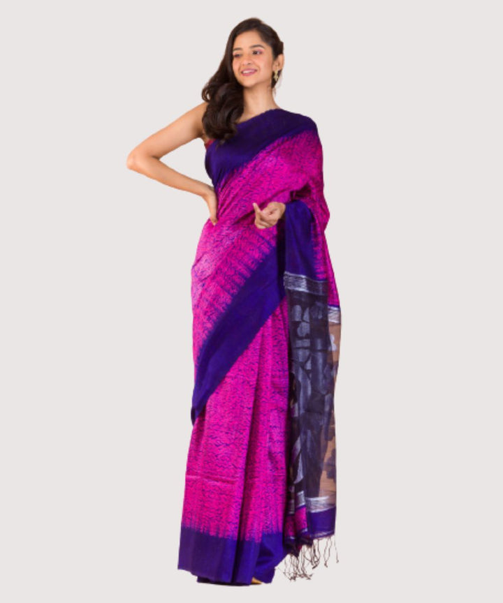 Pink blue handwoven bengal silk jamdani saree