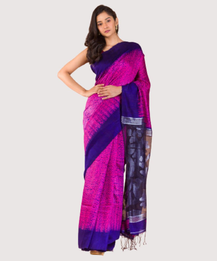 Pink blue handwoven bengal silk jamdani saree