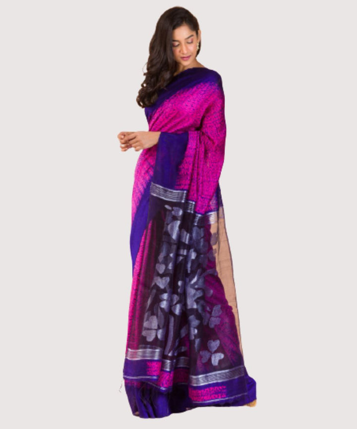 Pink blue handwoven bengal silk jamdani saree
