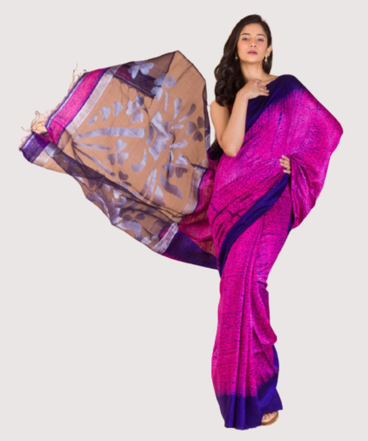 Pink blue handwoven bengal silk jamdani saree