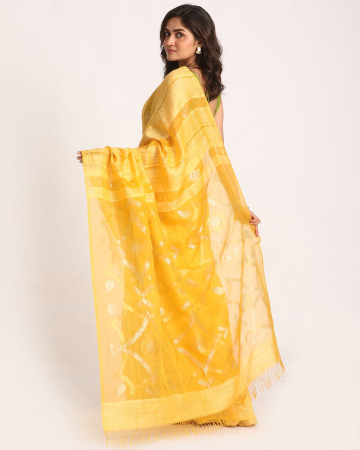 Yellow handwoven resham and matka silk jamdani saree