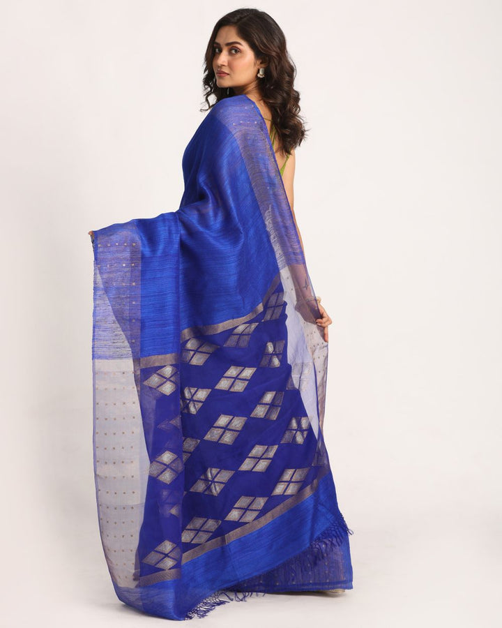 Royal blue handwoven resham and matka silk jamdani saree