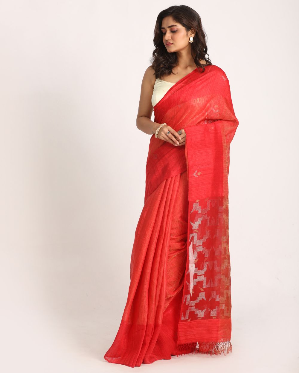Red orange handwoven resham and matka silk jamdani saree