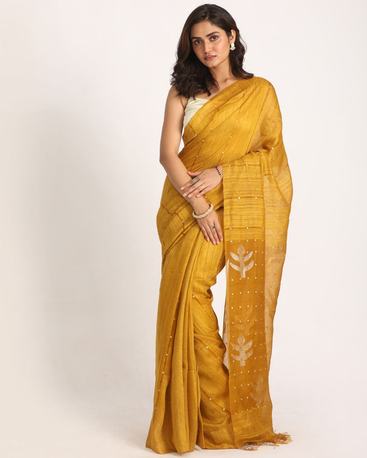 Mustard handwoven resham and matka silk jamdani saree