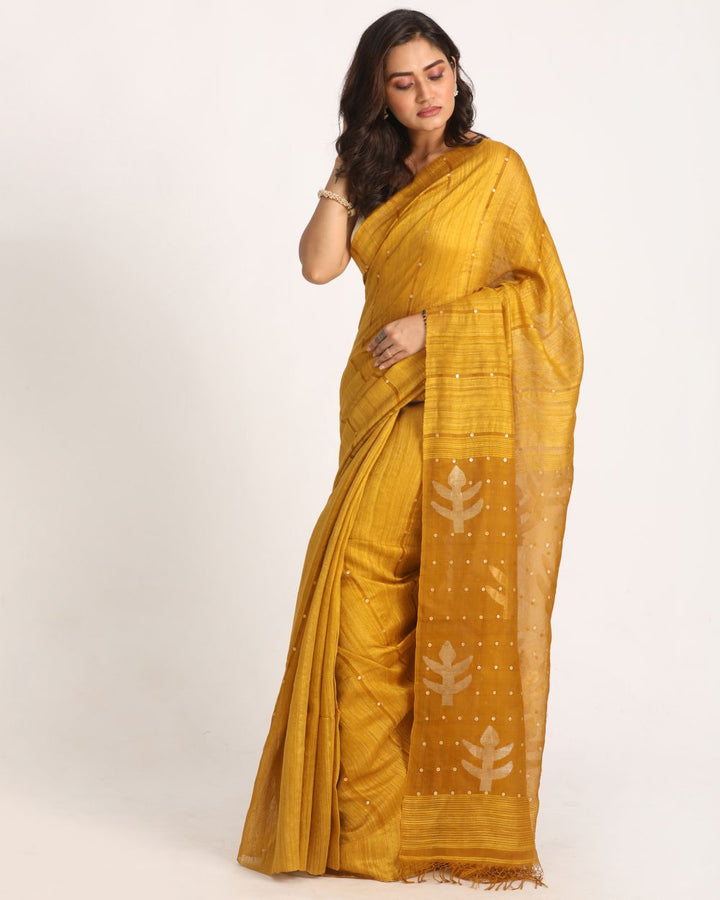 Mustard handwoven resham and matka silk jamdani saree