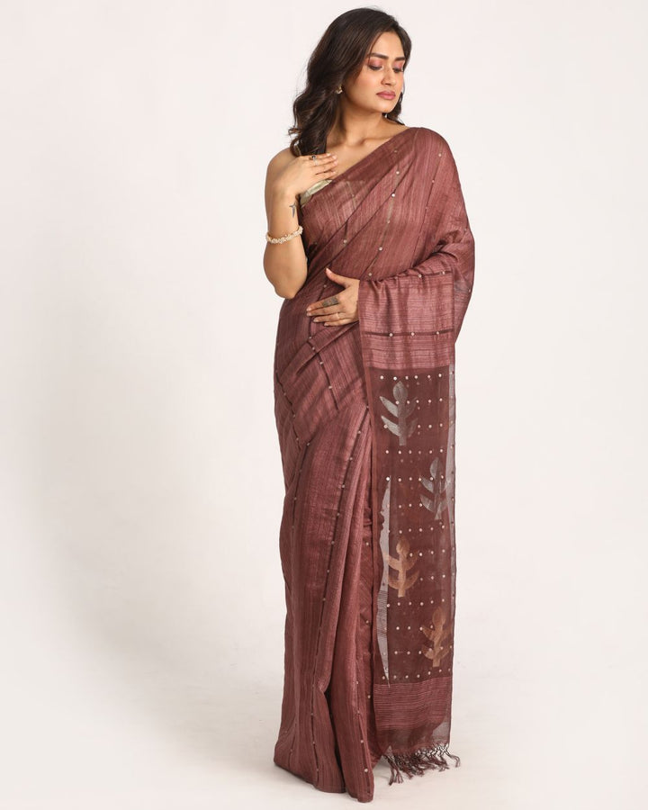Copper rose handwoven resham and matka silk jamdani saree