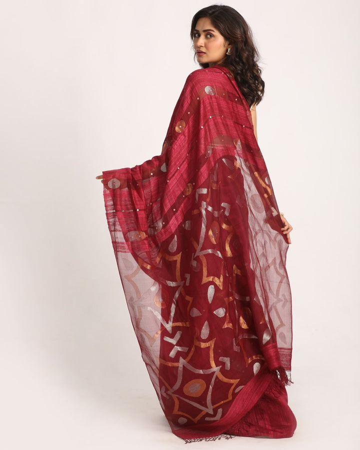 Dark fuchsia handwoven resham and matka silk jamdani saree