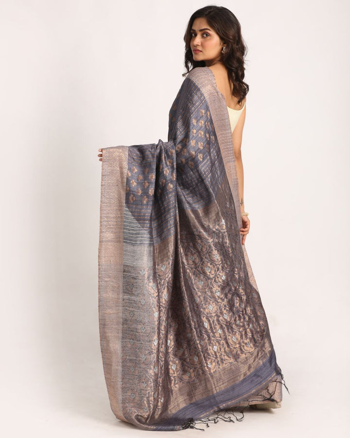 Grey blue handwoven resham and matka silk saree