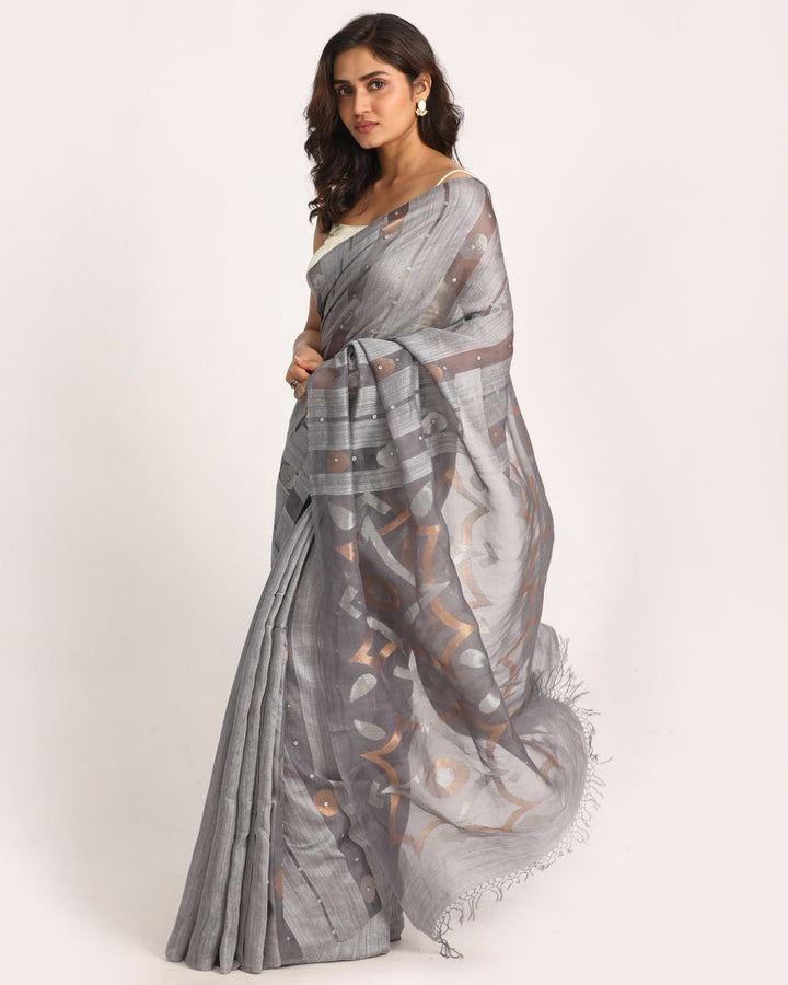 Silver blue handwoven resham and matka silk jamdani saree