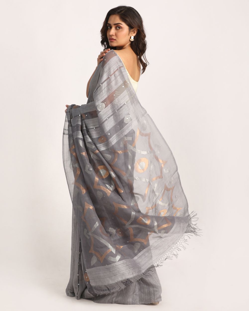 Silver blue handwoven resham and matka silk jamdani saree