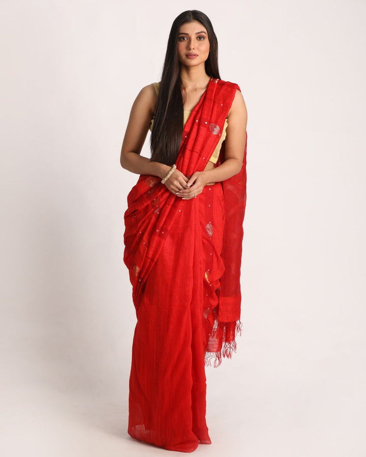 Red handwoven resham and matka silk jamdani saree