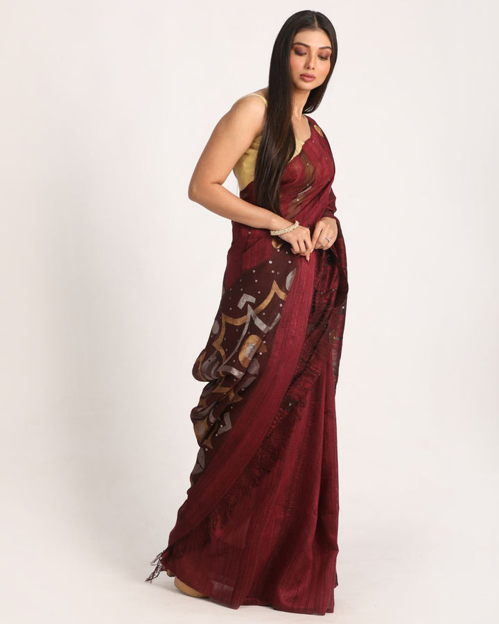 Deep maroon handwoven resham and matka silk jamdani saree