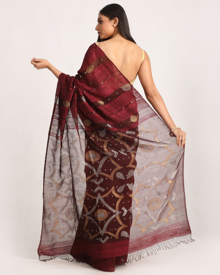 Deep maroon handwoven resham and matka silk jamdani saree