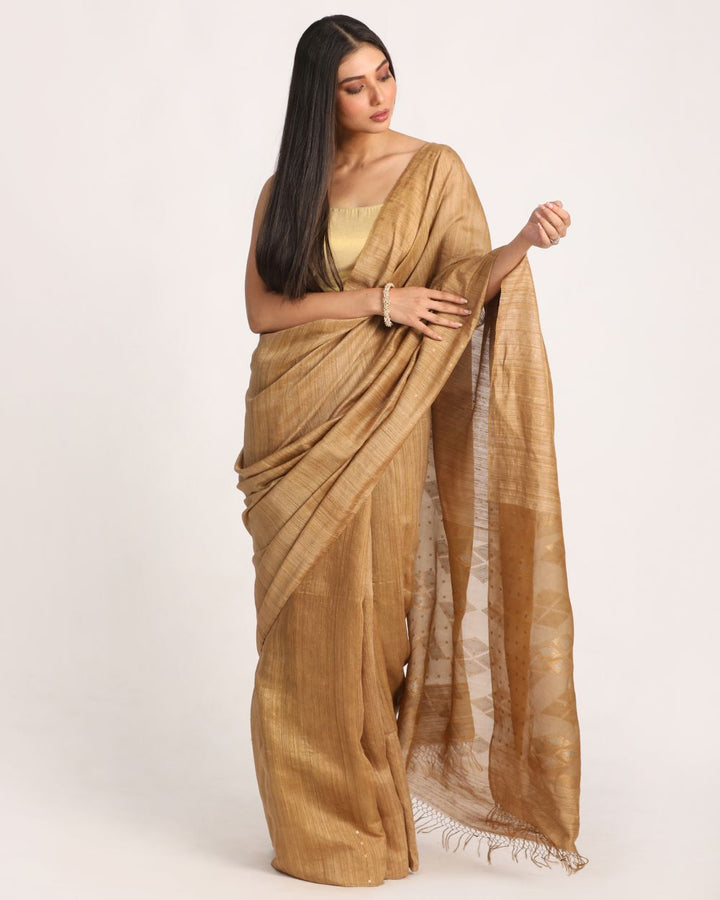 Deep tan handwoven resham and matka silk jamdani saree