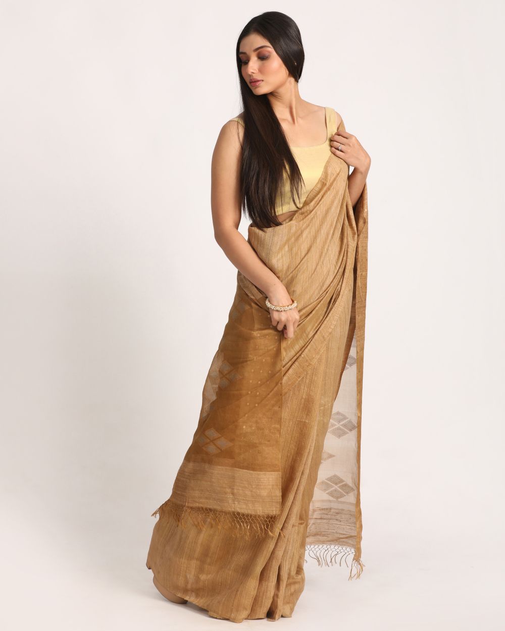 Deep tan handwoven resham and matka silk jamdani saree