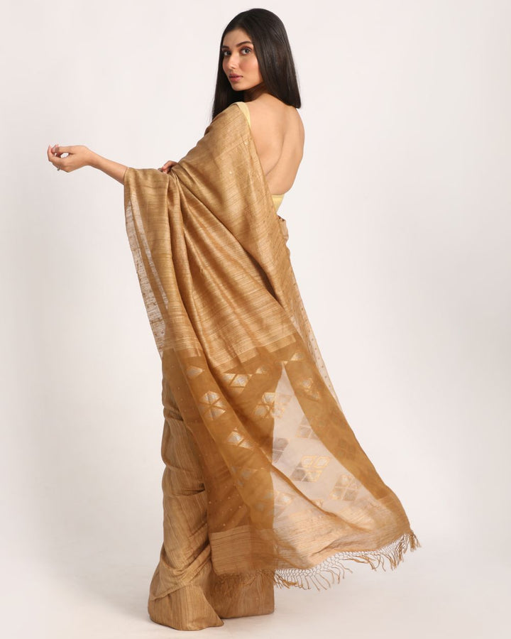 Deep tan handwoven resham and matka silk jamdani saree
