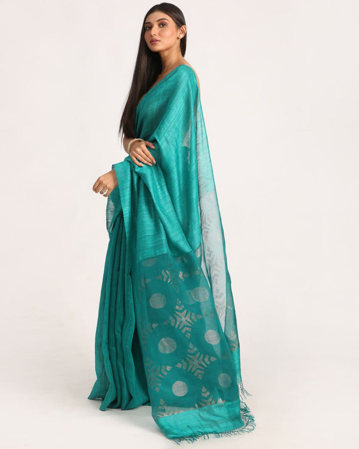 Deep cyan handwoven resham and matka silk jamdani saree