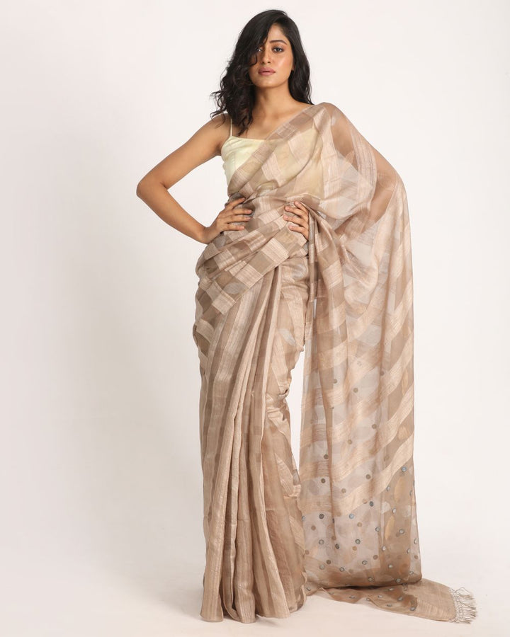 Beige brown stripes handwoven resham and matka silk jamdani saree