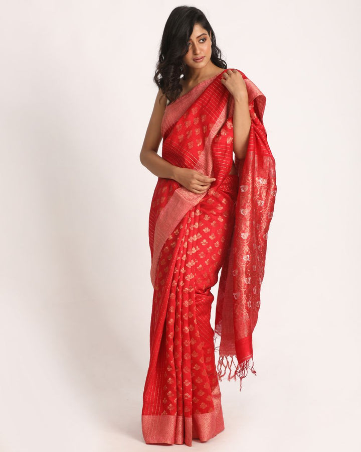 Red handwoven resham and matka silk saree