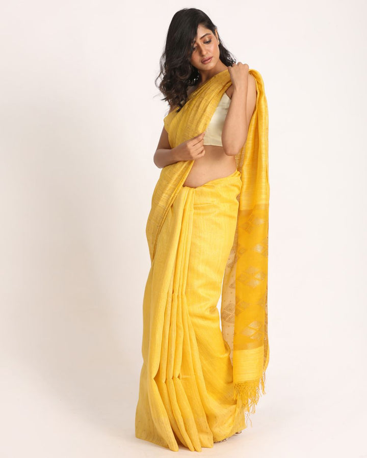 Yellow handloom resham and matka silk jamdani saree