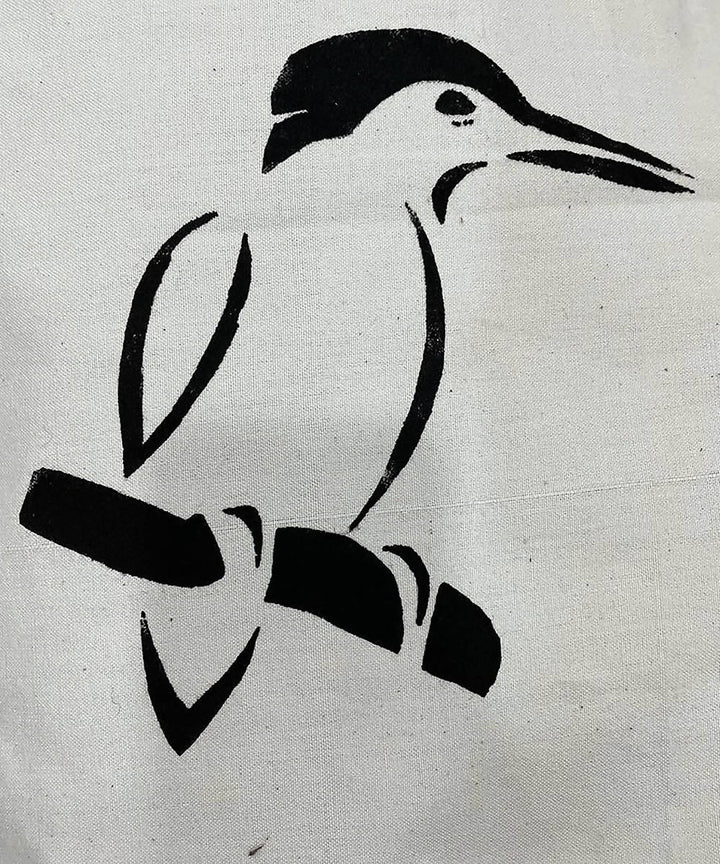 Bird motif offwhite red handwoven cotton handbag