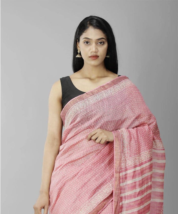 Light pink bagru handblock printed linen saree
