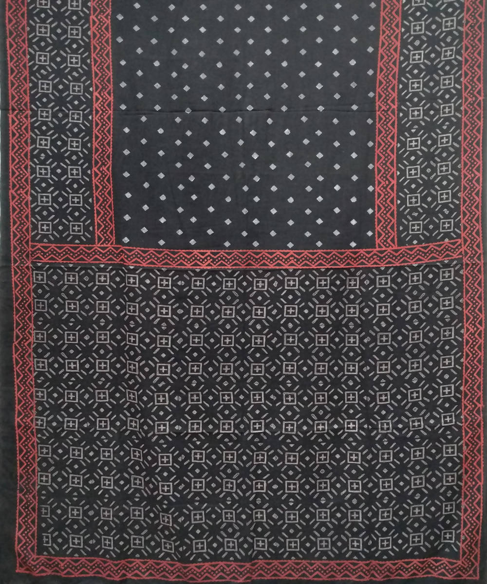 handblock print black grey mul cotton saree